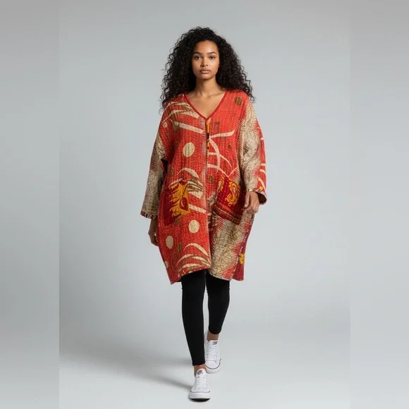 9 🌸 Kantha Serena w open slit in front with pockets, handmade reversible OS - Picture 3 of 4